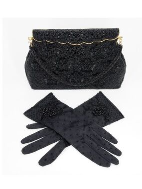 Vintage mcm Black Micro Beaded Handbag Matching Gloves purse gold mid century